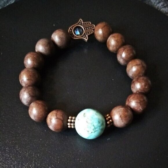Hamsa Hand! Turquoise + Mocha Mousse! Howlite + Magnesite Blessings Bracelet 6" - Picture 1 of 9
